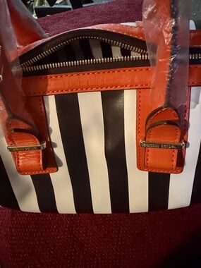 henri bendel Black & White Striped Satchel with Orange Trim